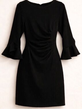 Karl Lagerfeld Black Ruched Sheath Dress Bell Sleeve Stretch Size 6